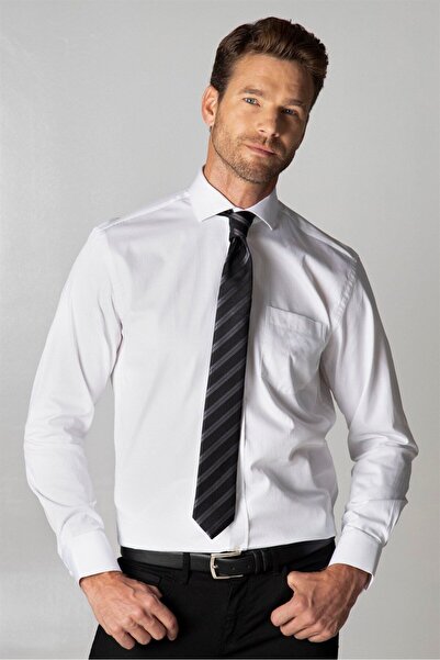 Tudors Erkek Regular Fit Klasik Kesim %100 Pamuk Armürlü Premium Beyaz Gömlek