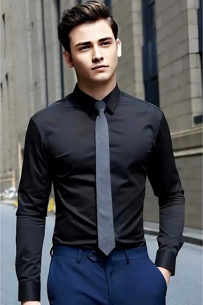 Uniquetrenders Мъжка риза Slim Fit с дълъг ръкав и държач за вратовръзка, лесна за гладене, дишаща, за всички сезони