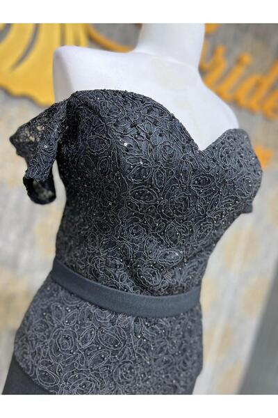 MODA Siyah Kalem Elbise Kolları Düşük Üst Kısmı Güpürlü Abiye Elbise