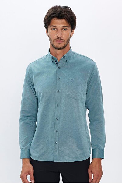 Tudors Erkek Regular Fit Klasik Kesim Pamuklu Oxford Doku Tek Cepli Yeşil Düğmeli Yaka Gömlek