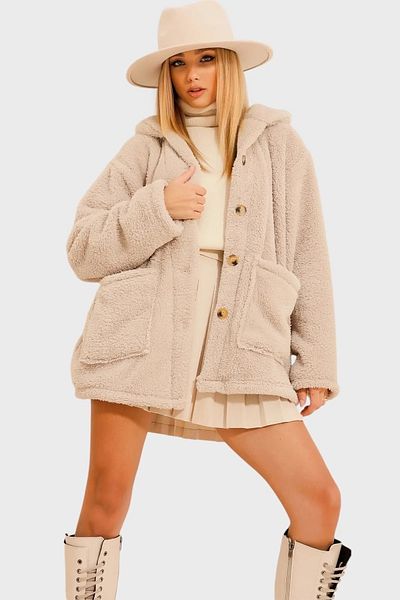 MEECY Cremefarbene, ungefütterte, übergroße Plüschjacke für Damen mit zwei Taschen und Knopfleiste vorne