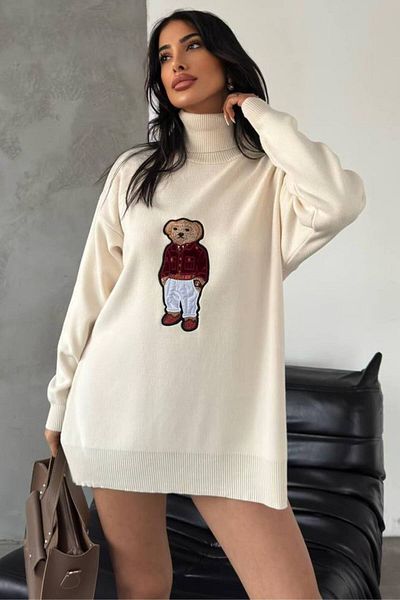 ZISHAN Turtleneck Teddy Bear Appliqued Oversize Knitwear Sweater 650
