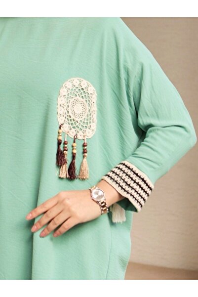 Modamorfo Dlouhá tunika volného střihu s krajkou vyšívanými nášivkami -Çağla Y.