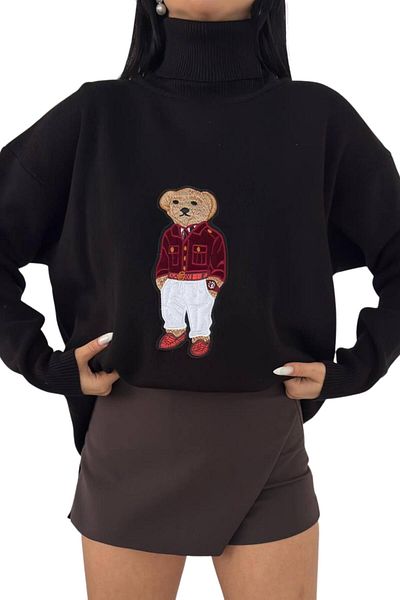 Moda Amore Pulover de damă supradimensionat din tricotaje cu model ursuleț de pluș cu ursuleț - cu gât roscat 650