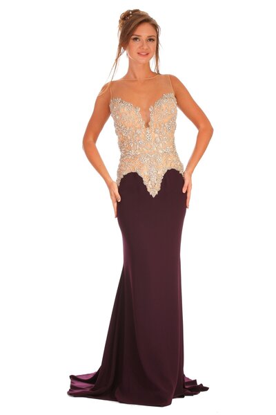 aşkın göksu Mürdüm Straplez Yaka BedenAsimetrik Taş İşlemeli Krep Balık Kadın...