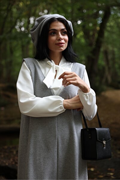 KÜÇÜĞÜM BUTİK Γκρι Χρώμα Stamp Μακρύ χειμωνιάτικο φόρεμα με λαιμόκοψη V και καπέλο Stamp (ΦΟΡΕΜΑ-ΚΑΠΕΛΟ)