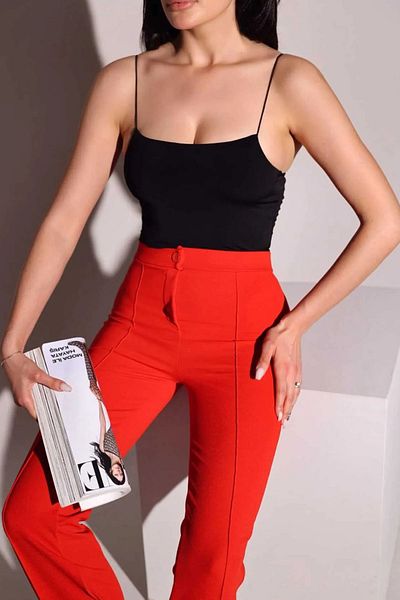 Swana Women's Red Color Relaxed Cut Front Striped Lycra Wide Leg Trousers