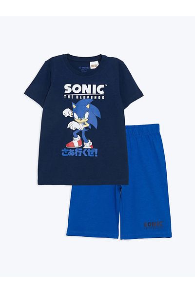 LC Waikiki Lcw Kids Navy Blue Crew Neck Sonic Printed Boys' Pajamas Set with Shorts