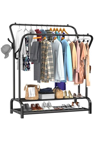 Taimi Freestanding Garment Rack - Double Rails with 2-Tier Storage Shelf, 110x35x146cm Black