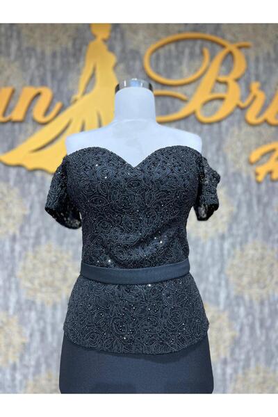 MODA Siyah Kalem Elbise Kolları Düşük Üst Kısmı Güpürlü Abiye Elbise