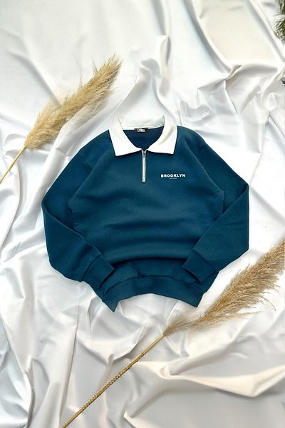 EVIus Hanorac din lână cu imprimeu Brooklyn - alb, guler vertical, jumătate cu fermoar, iarnă unisex