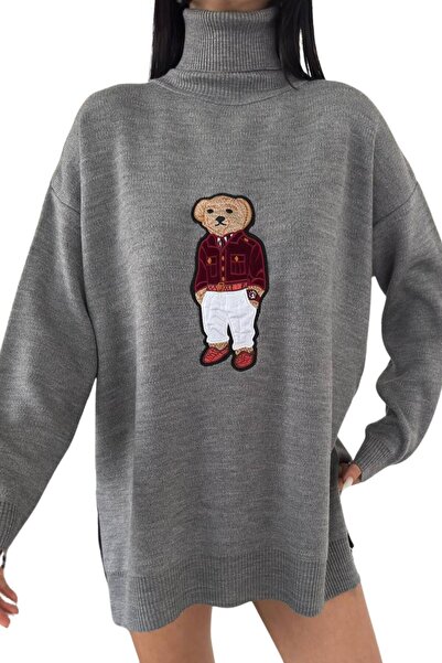 Moda Amore Oversize Women's Knitwear Sweater with Teddy Bear Pattern and Teddy Bear - Turtleneck 650