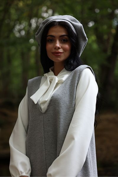 KÜÇÜĞÜM BUTİK Gray Stamped Long Winter V-Neck Gilet Dress and Stamped Hat (Dese-Hat)