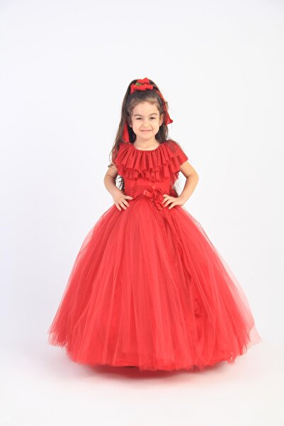 meneviş Yaka Fırfır Detaylı Kabarık Etekli Kız Çocuk Elbise