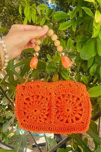 Mila Orange Hand Knitted Motif Paper Rope Bag