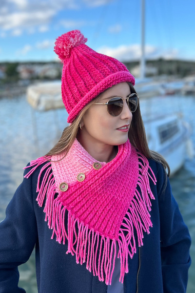 Mila Pink Hand Knitted Beanie & Neck Collar Set