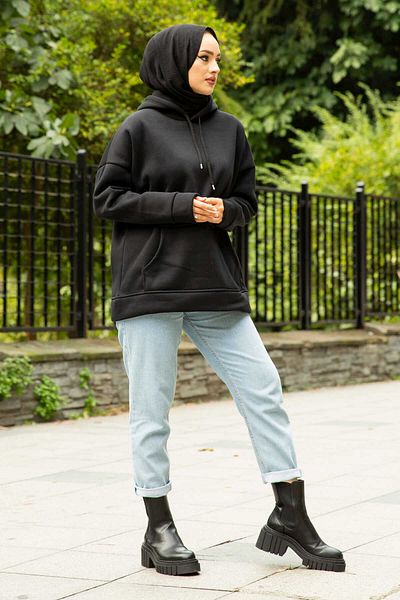 Boi Γυναικείο φούτερ Hijab Clothing - Μαύρο, Κόκκινο, Γκρι, Πράσινο Φούτερ με Τσέπες με Κουκούλα 3 Κλωστές Παχύ