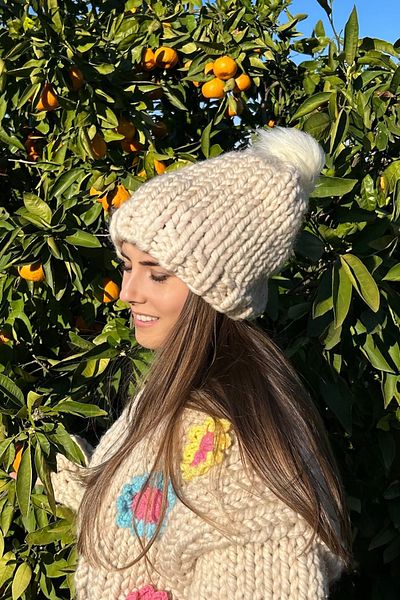 Mila Beige Hand Knitted Thick Beanie with Pompom