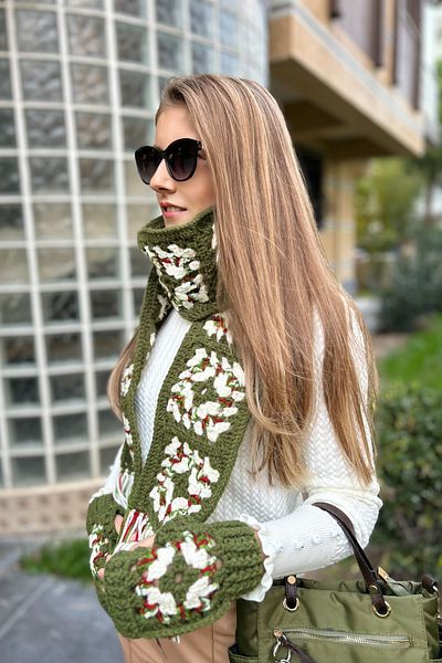 Mila Khaki Hand Knitted Motif Tasseled Scarf & Gloves Set