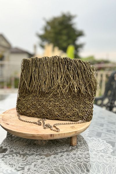 Mila Khaki Hand Knitted Tasseled Paper Rope Bag