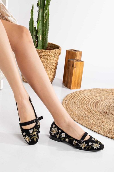 Kartezyen Balerini colorați cu model de margarete negre de sezon nou - Cod model 055