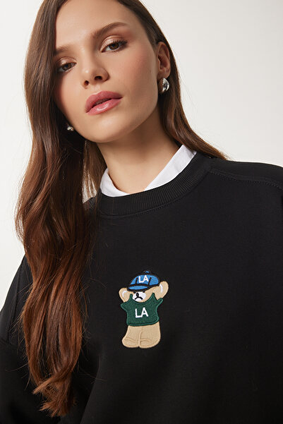 Lovelyİstanbul Hanorac negru tricotat - cu emblema ursulețului și șardon LTQ0001