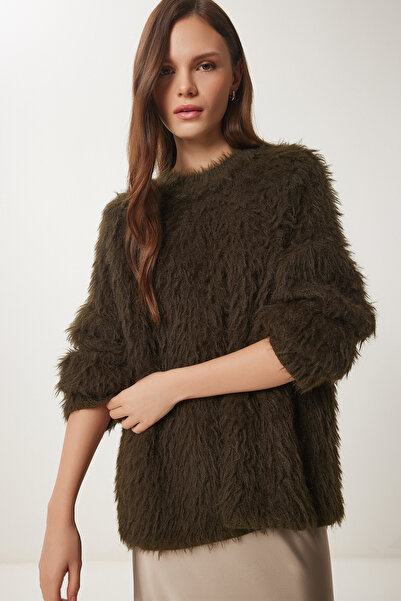 Lovelyİstanbul Pulover din tricot cu barbă cu textura moale - KHAKI LUS0056