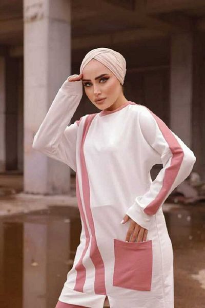 NİSAY BOUTİQUE Women's Stripe Detailed Legs Crew Neck Single Pocket Double Tunic Pants Bottom Top Suit