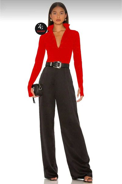 Zagrep Women's Red Hidden Zipper Finger Snap Double Layer Silk Jersey Bodysuit