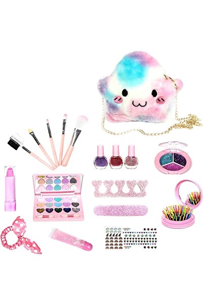 Bloomie's Bloomie Çocuk Güzellik Seti Sürülebilir, Çoklu Makyaj Malzemeleri ve Askılı Peluş Çantalı Stickerlı