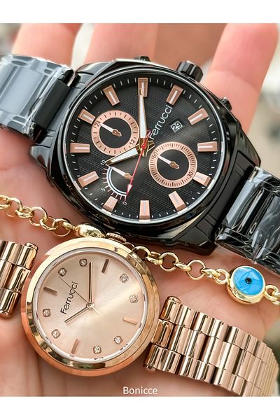 Ferrucci Brand Black Rose Steel Cord Silver Color Dear Couple Wristwatches Rosary Bracelet