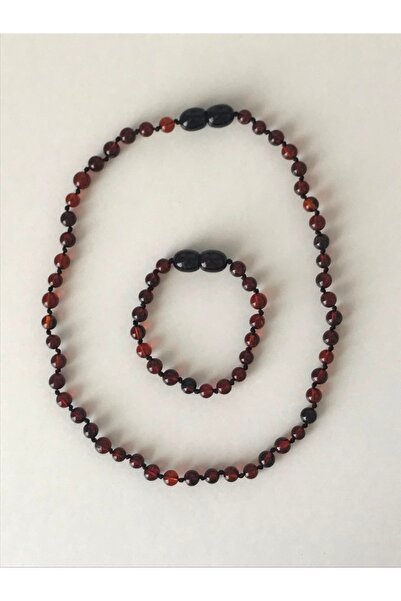 Kehribar Sarayı مجموعة سوار وقلادة للأطفال من Drop Amber Round Grain خاصة للب...