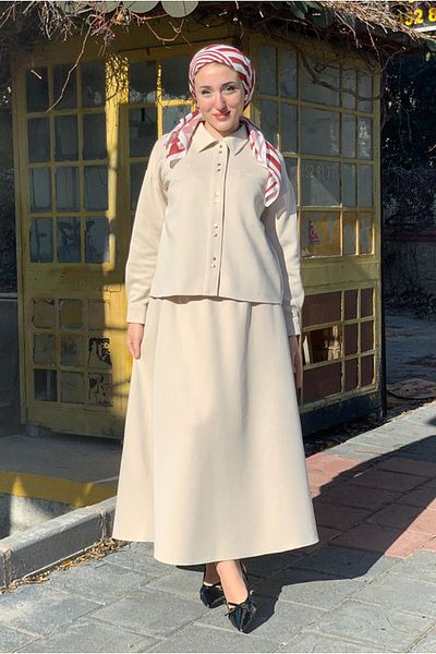 Moda Rosa 25K2254 - Beige - Skirt-Jacket Scuba Suit