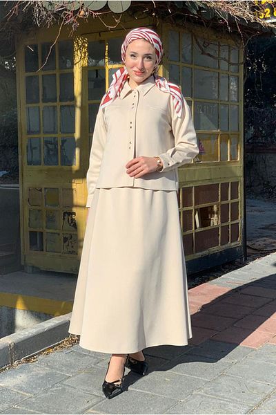 Moda Rosa 25K2254 - Beige - Skirt-Jacket Scuba Suit