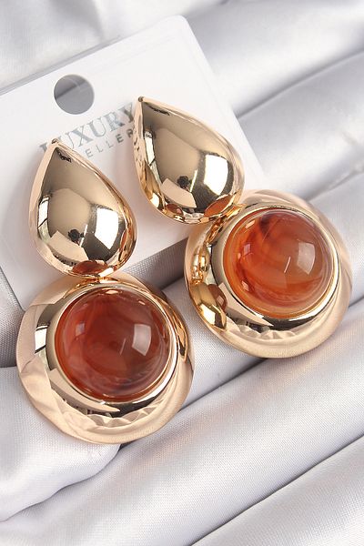 Skygo Orange Vintage Brass Earrings - Natural Stone Detail, Drop Model - Tj-Bkp9832