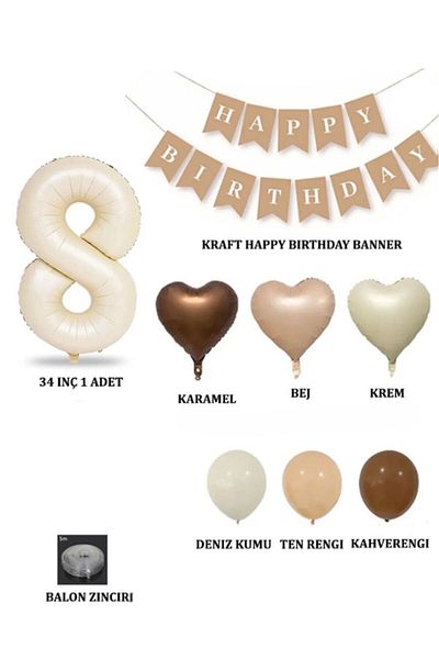 Öz-bal Retro Birthday Set for All Ages; Cream Numeral Foil, Banner, Heart Foil and Latex Balloon