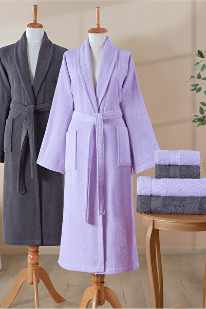 Ellaline 6 Piece Bathrobe Set 100% Cotton Certified, Family Bathrobe Set | Dowry | Lilac - Anthracite