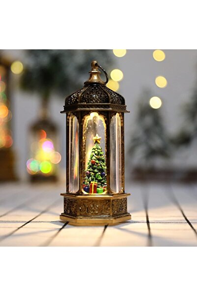 epazzar Yılbaşı Süslü Ağaç Tasarımlı Gold Sulu Simli Fener Tipi Işıklı Küre Retro Biblo Fener