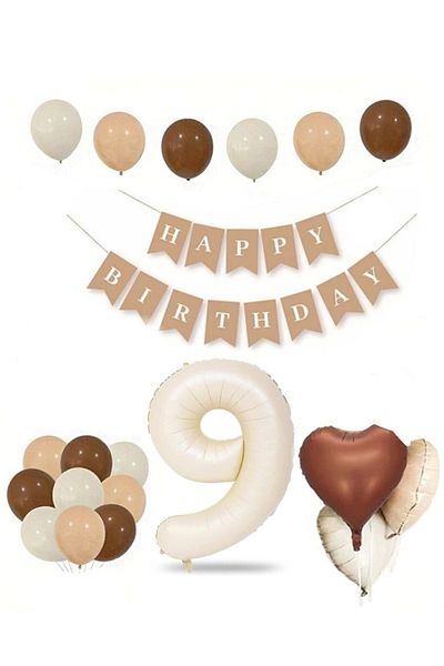Öz-bal Retro Birthday Set for All Ages; Cream Numeral Foil, Banner, Heart Foil and Latex Balloon