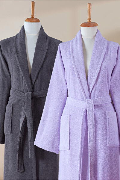 Ellaline 6 Piece Bathrobe Set 100% Cotton Certified, Family Bathrobe Set | Dowry | Lilac - Anthracite