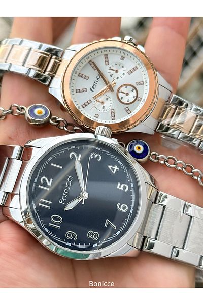 Ferrucci Silver Rose Colored Steel Band Lover Watches with Rosary Bracelet Gift
