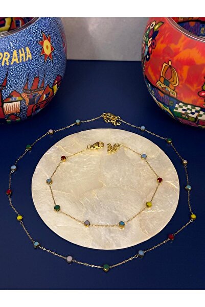 Idarosa Concept Altın Rengi Zincirli Minimal Renkli Çek Camı Boncuklu Kolye ve Bileklik Çelik Set KARARMAZ