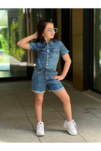 Genel Markalar DÜĞME VE CEP DETAYLI KEMERLİ KIZ ÇOCUK KOT ŞORT TULUM