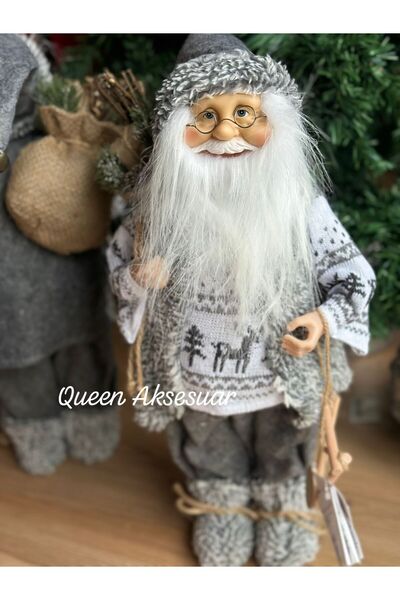 Elioure Yılbaşı ithal lüks büyük kürklü geyikli örgü kazaklı gri beyaz Noel baba dekroasyon heykel biblo süs