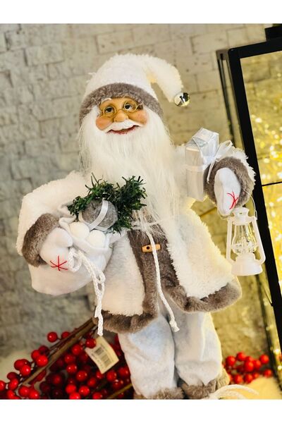 Elioure Yılbaşı Süsü Dekoru Dekoratif Hediye Çuvallı Fenerli Beyaz Noel Baba Figür 45 Cm
