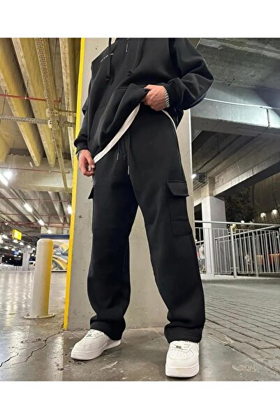 JustBS Siyah Büyük Beden  Baggy Kesim Erkek 2 Iplik  Eşofman Alt