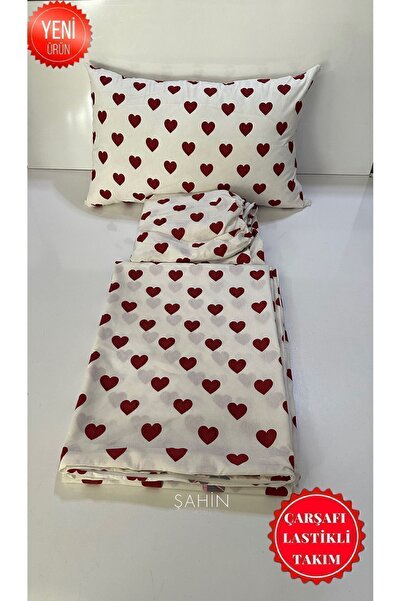 Şahinhome Kırmızı Kalpli Nevresim Takımı Çarşafı Lastikli Tek Kişilik Nevresim Takımı