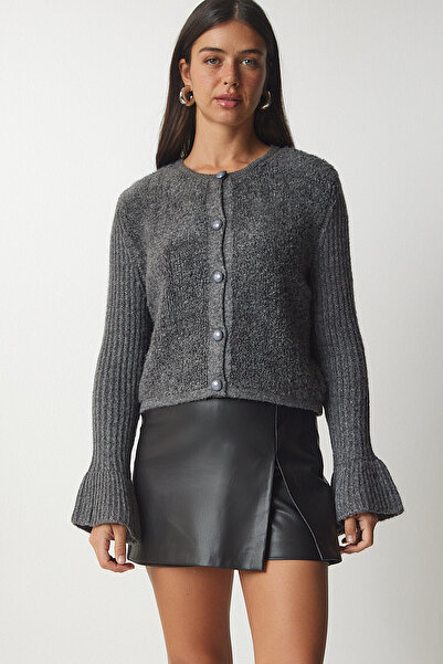 Lovelyİstanbul Grey Knitwear Boucle Cardigan - Buttoned, Lyy0067