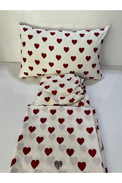 Şahinhome Kırmızı Kalpli Nevresim Takımı Çarşafı Lastikli Tek Kişilik Nevresim Takımı