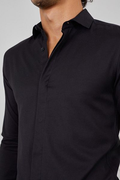 jack carisma Μαύρο Slim Fit Underwire Βαμβακερό Ανδρικό Πουκάμισο - Κρυφό Πατιλέτα, Κανονικό Γιακά